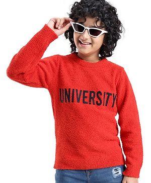 Pine Kids Knit Full Sleeves University Embroidered Sweater - Red