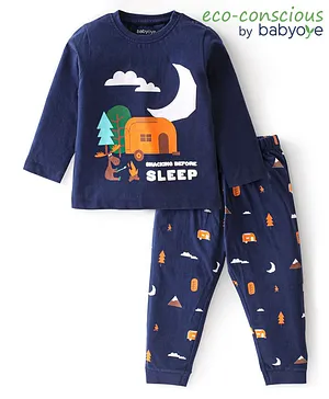 Babyoye 100% Cotton Knit Full Sleeves Night Suit Night Time Print - Blue