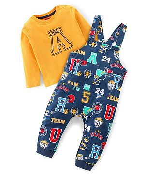 Babyhug Single Jersey Woven Dungaree with Full Sleeves T- Shirt Text Printed - Orange & Navy Blue