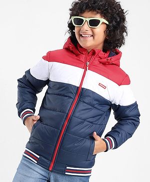 Pine Kids Full Sleeves Medium Winter Hooded Jacket Solid Colour Block Design - Navy Blue