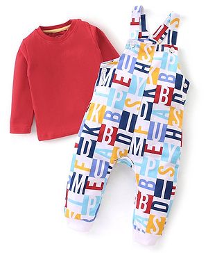 Babyhug 100% Cotton Knit Letters Print Dungaree with Full Sleeves Inner Tee - Red