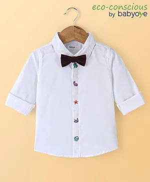 Babyoye 100% Cotton Full Sleeves Placement Embroidered Party Shirt With Bow - White