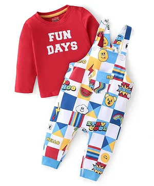 Babyhug 100% Cotton Smiley Printed Dungaree with Front Pocket and Full Sleeves Inner Tee with Shoulder Button - Red