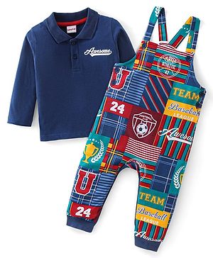 Babyhug Cotton Knit Dungaree with Full Sleeves T-Shirt Graphics Print - Multicolour