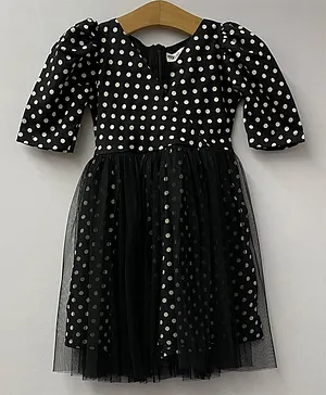 My Pink Closet Puffed Sleeves Polka Dot Printed  Party Wear Dress - Black