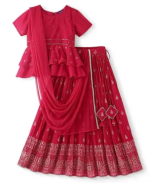 Pine Kids Half Sleeves Floral Embroidered Choli Lehenga Set With Dupatta- Pink