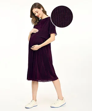 Bella Mama Knitted Shiny All Over Pleated Layered Maternity Dress -Purple
