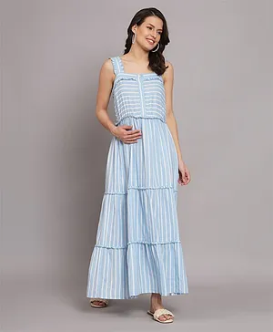 The Vanca Sleeveless 100% Rayon Tiered & Striped  Maternity Dress - Blue