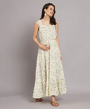 The Vanca Sleeveless 100% Rayon Tiered & Leaf Printed  Maternity Dress - Beige