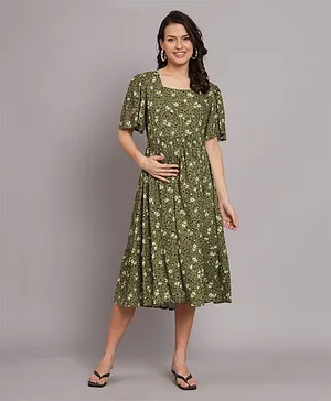 The Vanca Half Sleeves 100% Rayon Abstract Printed  Maternity Dress - Green