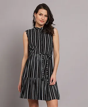 The Vanca Sleeveless 100% Rayon Tiered & Striped Maternity Dress - Black
