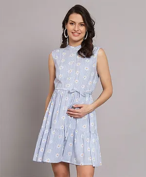 The Vanca Sleeveless 100% Rayon Floral Printed Maternity Dress - Blue