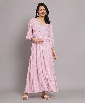 The Vanca Three Fourth Sleeves 100% Rayon Tiered Floral Printed Maternity Dress - Pink