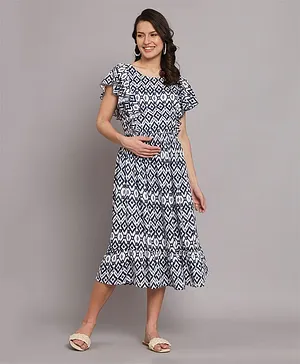 The Vanca Half Sleeves 100% Rayon Geometric Printed Maternity Dress - Blue