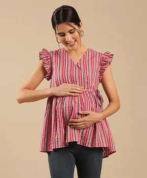 Shades Of Sabi Half Sleeves Cotton Stripe Wrap Maternity Top - Pink
