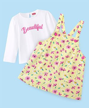 Babyhug 100% Cotton Frock With Full Sleeves Inner Tee Floral Print- Yellow Pink & White