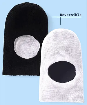 Babyhug Acrylic Knit  Reversible Monkey Cap Solid Colour Black & White - Diameter 11.5 cm