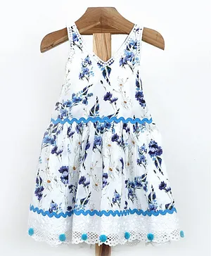 Minime Organics Floral Print Cotton Dress For Girls -White