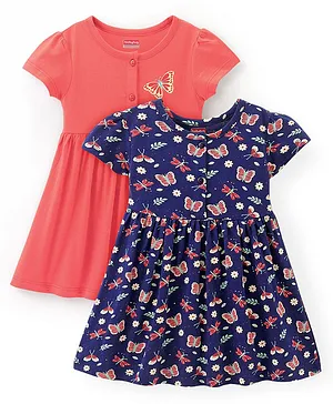 Babyhug 100% Cotton Knit Half Sleeves Butterfly Print Dress Pack of 2 - Red & Blue