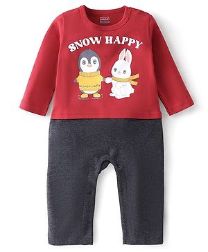 Babyhug Cotton Interlock Knit Full Sleeves Rompers Bunny Print - Red