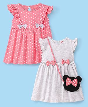 Babyhug Cotton Knit Half Sleeves Frocks Polka Dots Printed with Bow Applique Pack of 2 with Bag - Pink & Grey