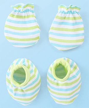 Babyhug 100% Cotton Knit Stripes Mittens and Booties   - Green