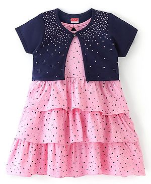Babyhug 100% Cotton Knit Half Sleeves Shrug & Frock With Star Print - Pink & Blue