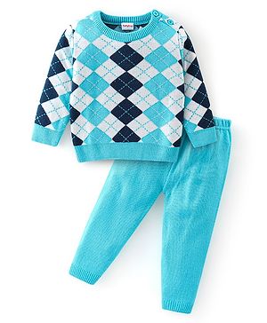 Babyhug Full Sleeves Baby Sweater Set - Light Blue Babyhug Full Sleeves Baby Sweater Set - Light Blue