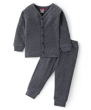 Babyhug Cotton Full Sleeves Front Open Thermal Vest And Leggings- Dark Grey