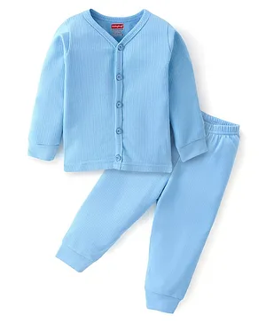 Babyhug Cotton Blend Full Sleeves Front Open Thermal Vest And Leggings- Blue