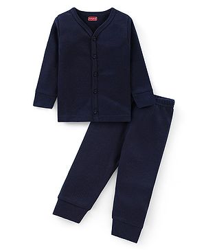 Babyhug Full Sleeves Solid Thermal Vest & Pant Set - Navy Blue