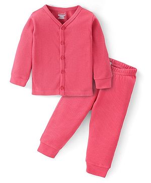 Babyhug Cotton Full Sleeves Front Open Thermal Vest And Leggings- Coral
