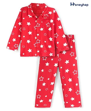 Honeyhap Premium Cotton with Bio Finish Full Sleeves Night Suit With Text Print - Red