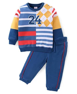 Babyhug 100% Cotton Knit Full Sleeves T-Shirt & Lounge Pants With Number Embroidery - Navy Blue