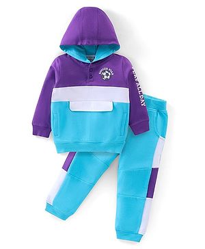 Babyhug Cotton Knit  Full Sleeves Colour Block & Soccer Batch Hooded T-Shirt & Lounge Pant Set - Multicolour