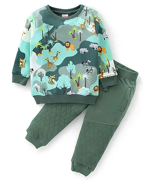 Babyhug 100% Cotton Knit Full Sleeves T-Shirt & Lounge Pant Set With Jungle Theme Print - Green