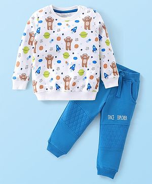 Babyhug Full Sleeves T-Shirt and Pants Set Bear Print - White & Blue