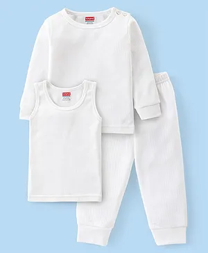 Babyhug Cotton Full Sleeves Solid Color Vest Pullover & Bottom Thermal Wear Combo Pack Of 3 - Off White