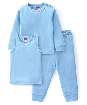 Babyhug Cotton Full Sleeves Solid Color Vest Pullover & Bottom Thermal Wear Combo Pack Of 3 - Blue