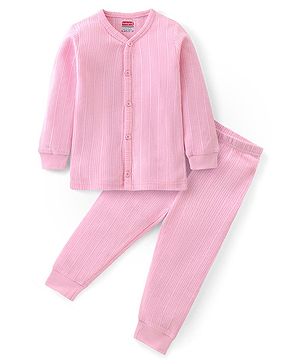 Babyhug Cotton Full Sleeves Front Open Thermal Vest And Leggings- Pink