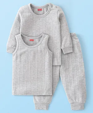 Babyhug Full Sleeves Solid Textured Thermal Vest Sando & Pajama Set - Light Grey