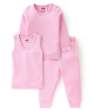 Babyhug Cotton Full Sleeves Solid Color Vest Pullover & Bottom Thermal Wear Combo Pack Of 3 -Pink
