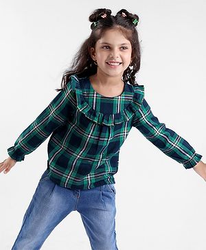 Babyhug 100% Cotton Woven Lurex Balloon Sleeves Checks with Frill Detailing Top - Green