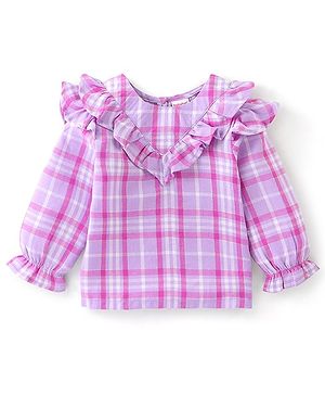 Babyhug 100% Cotton Woven Lurex Full Sleeves Checks with Frill Detailing Top - Lilac