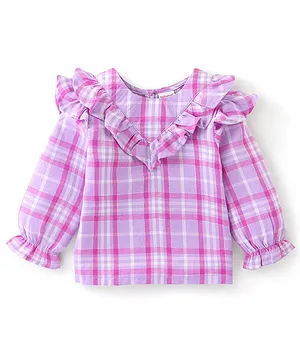 Babyhug 100% Cotton Woven Lurex Full Sleeves Checks with Frill Detailing Top - Lilac