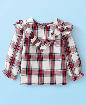 Babyhug 100% Cotton Woven Lurex Full Sleeves Checks with Frill Detailing Top - Offwhite & Red