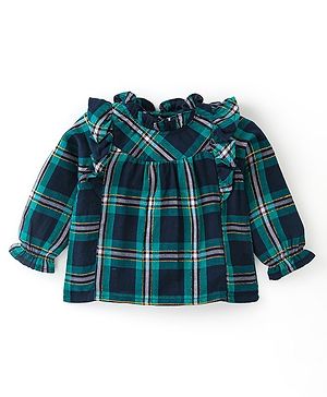 Babyhug 100% Cotton Full Sleeves Checks Top with Frill Detailing - Green & Black