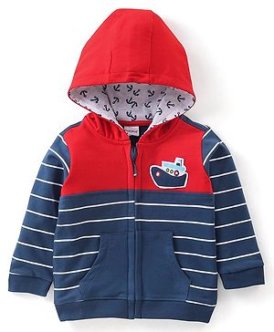 Babyhug 100% Cotton Knit Full Sleeves Sweatjacket With Zipper & Hood Striped - Navy Blue & Orange