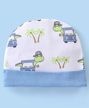 Babyhug 100% Cotton Knit Dino Printed Cap White - Diameter 11 cm