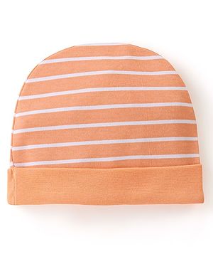 Babyhug 100% Cotton Knit Striped Cap White & Orange - Diameter 10.5 cm